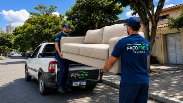 Equipe carregando sofá em caminhão de mudança